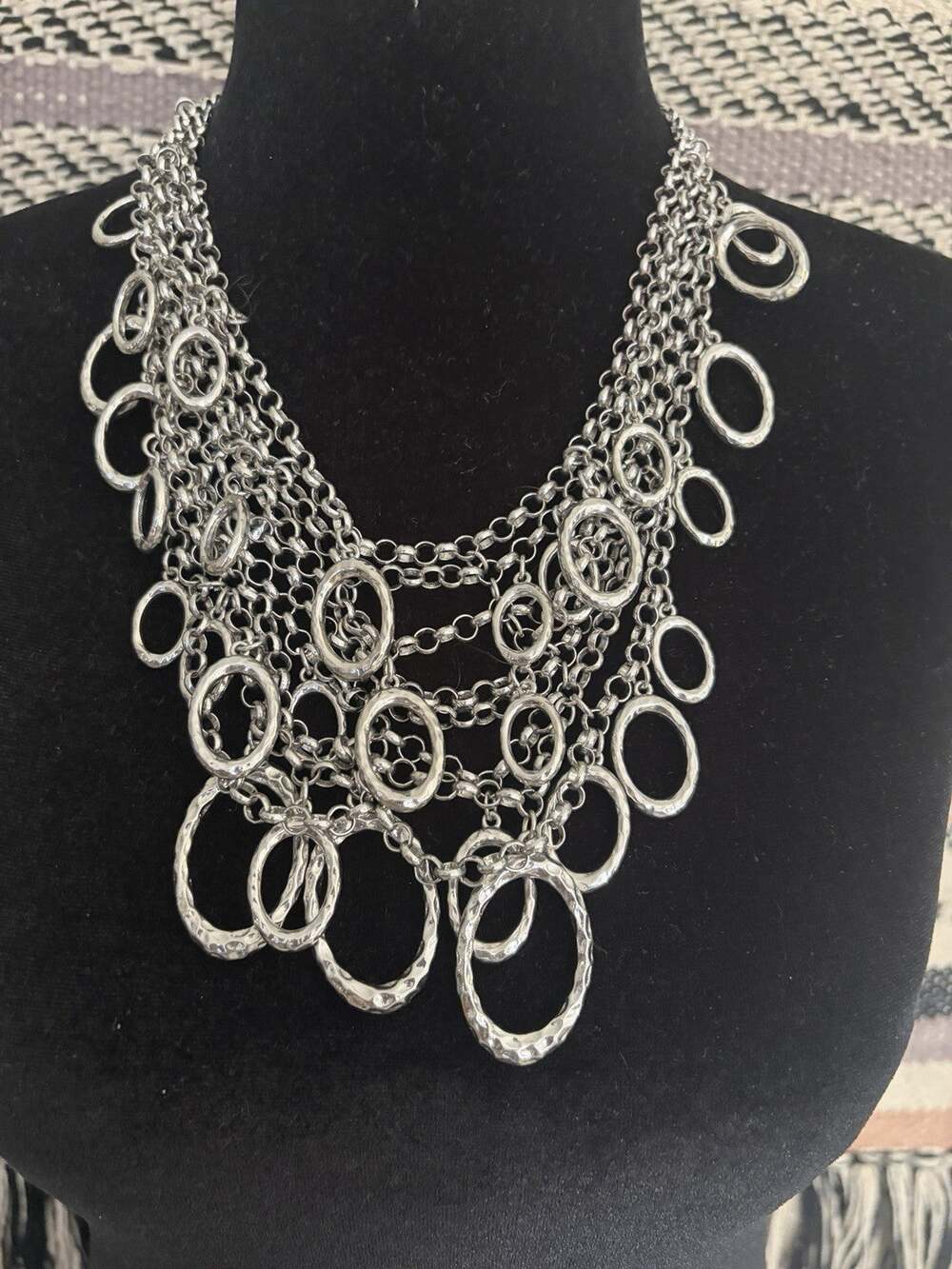 Chico’s Fib Statement, Silver Chain-Link Fringe Chunky Signed Necklace 6 Lbs